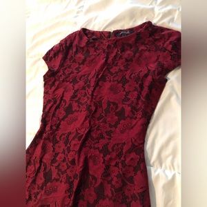 Long tall sally 6 red black lace  print fitted sheath dress